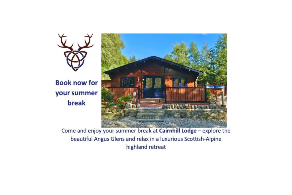 a picture of a log cabin with the text book view for your summer break at Cairnhill Lodge - Award-Winning Luxury Highland Retreat in Blairgowrie