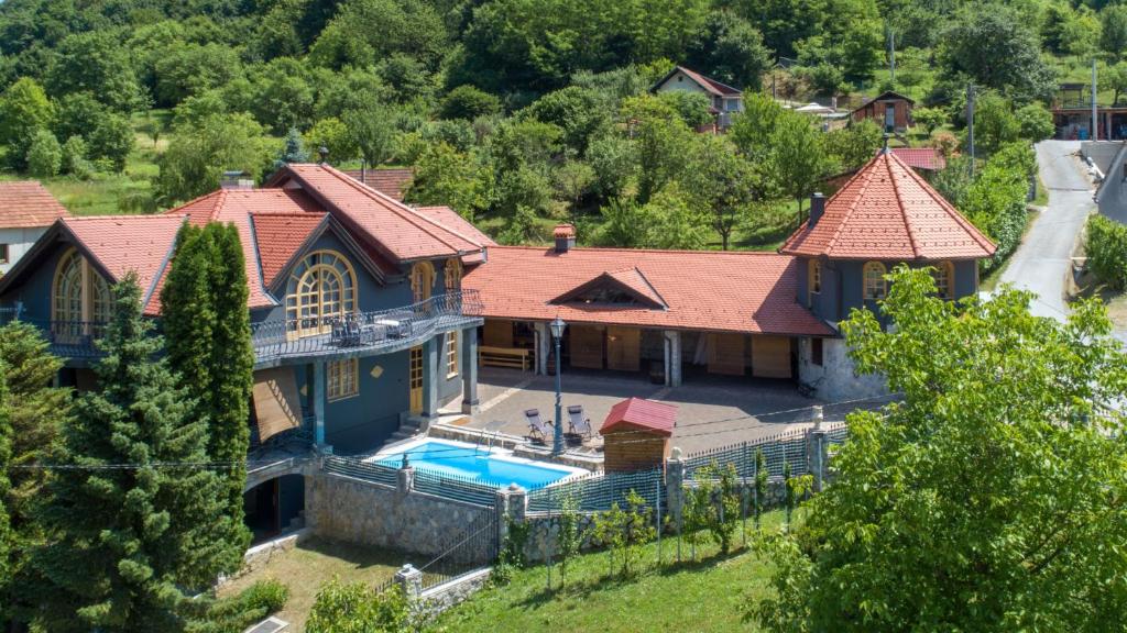 an aerial view of a house with a swimming pool at Villa Requiem by Villas Guide in Bednja