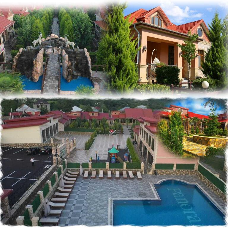two pictures of a house with a swimming pool at Panorama Resort Oghuz in Oğuz