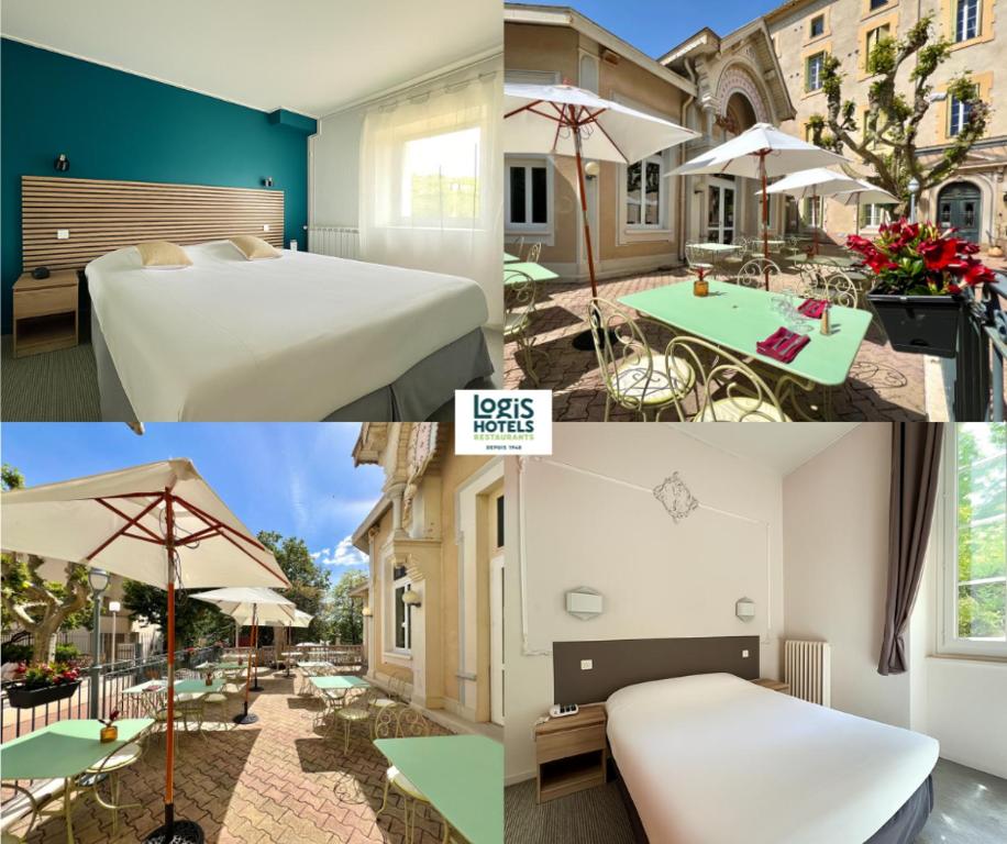 a collage of photos of a hotel room with a bed and an umbrella at Logis Hotel restaurant des Thermes in Lamalou-les-Bains