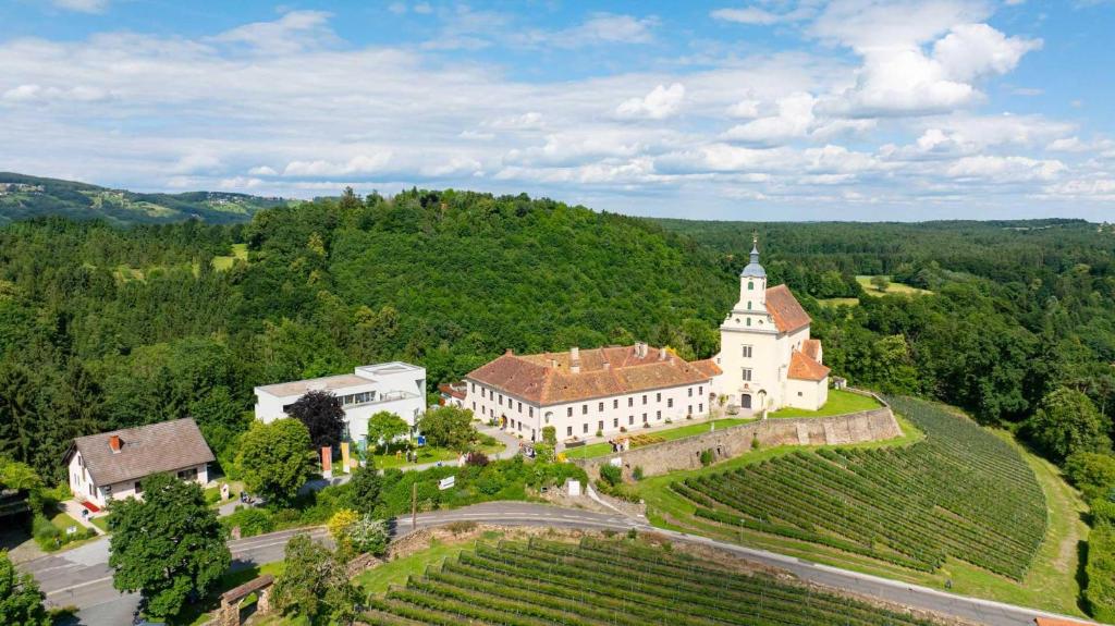 an aerial view of a building on a hill with vines at AndersOrt Haus der Frauen in Buchberg bei Herberstein