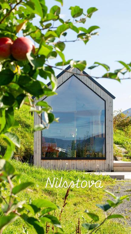 a mirror sitting on top of a grass field at Cabin in the orchard in Sandane