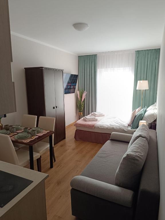 a living room with a couch and a bed at JULA Pokoje Blisko Plaży, Dąbki in Dąbki