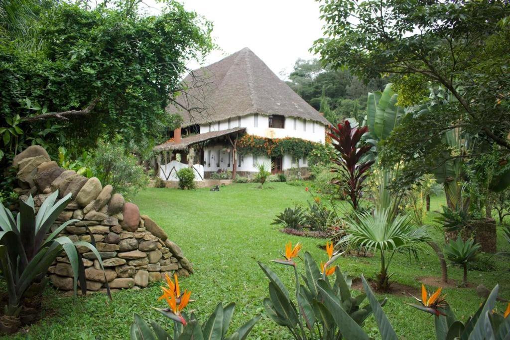 a house with a stone wall in front of a yard at Villa Rossy in Samaipata
