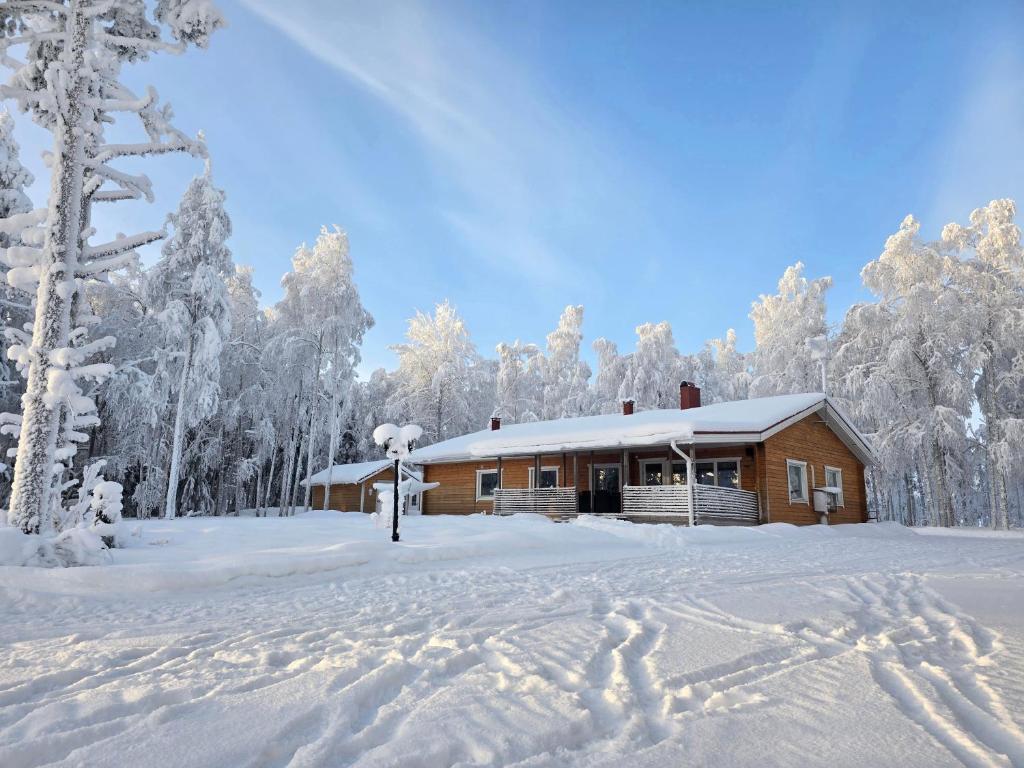a log cabin in the snow with snow covered trees at Orava Järven Talo in Ranua