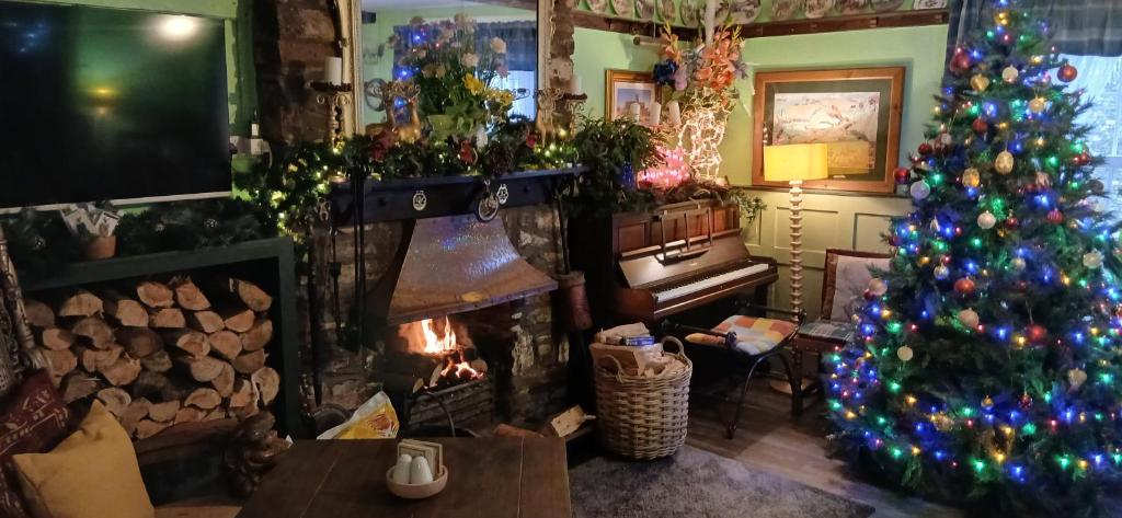 a living room with a christmas tree and a fireplace at Brunant Arms Hotel in Caio