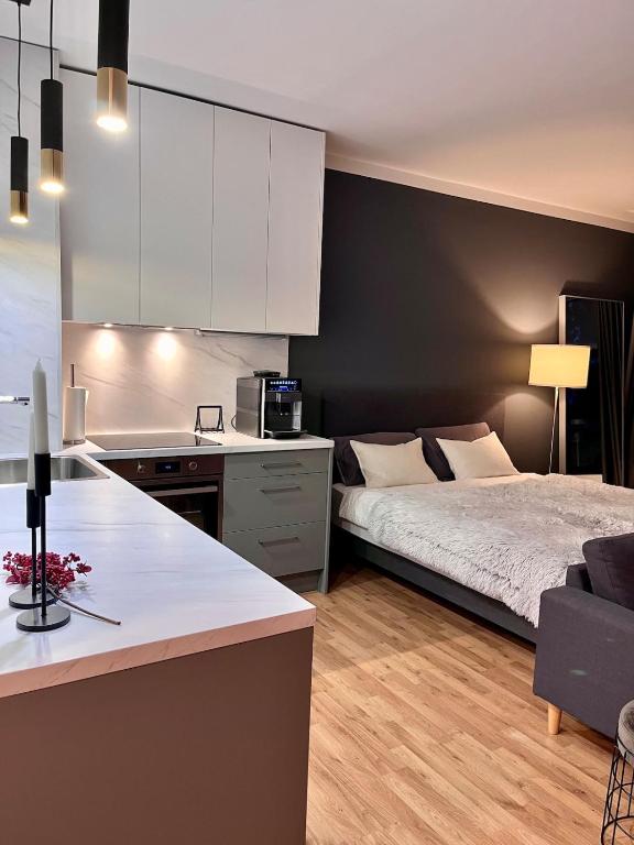 a kitchen and a bedroom with a bed and a counter at Studio Nuppu Comfort, AC in Trnávka