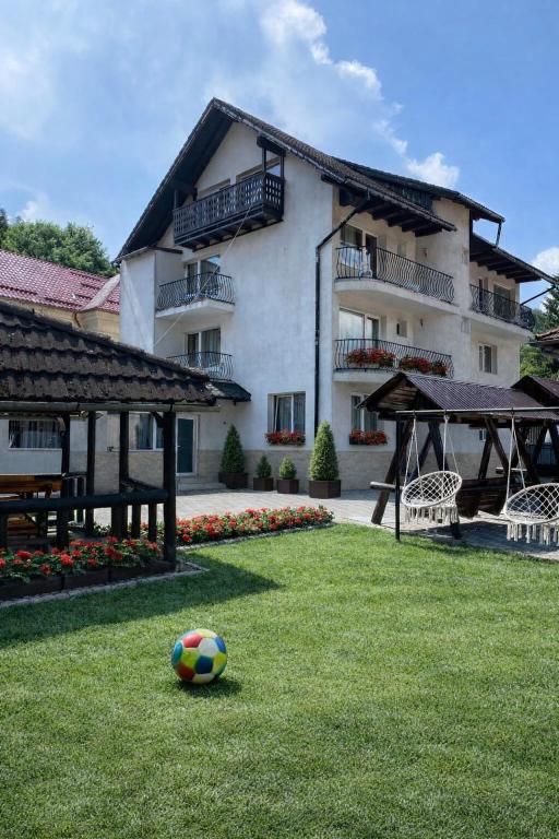 a soccer ball on the grass in front of a building at Pensiunea Carina in Bran