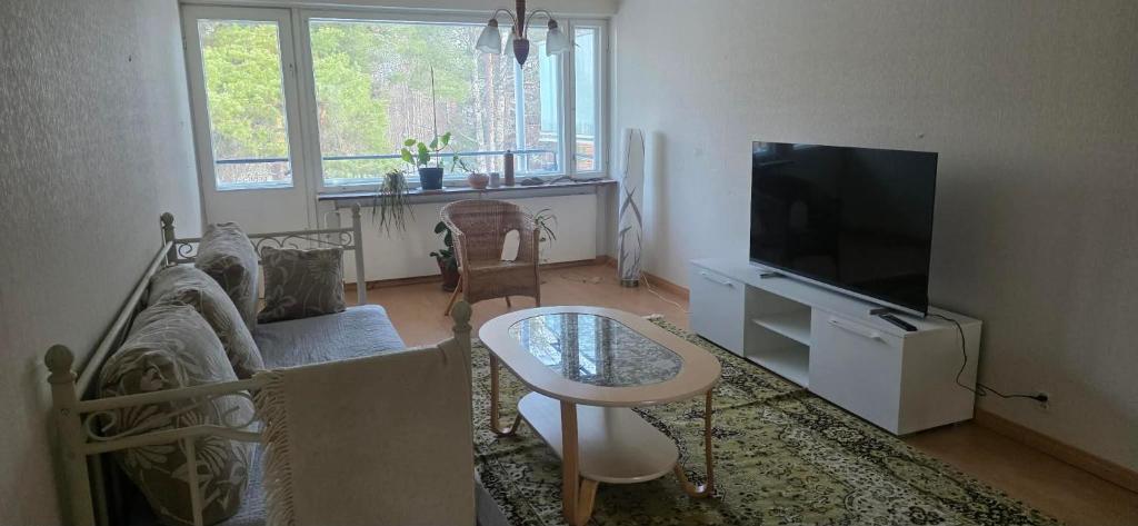 a living room with a couch and a tv at Pankkikallio 14 in Sorsakoski