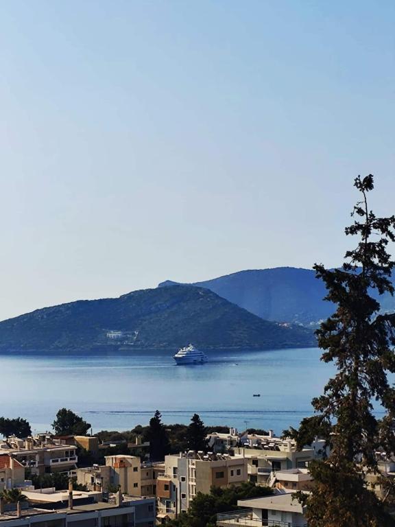 a cruise ship in a large body of water at Panoramic Sea View in Porto Rafti