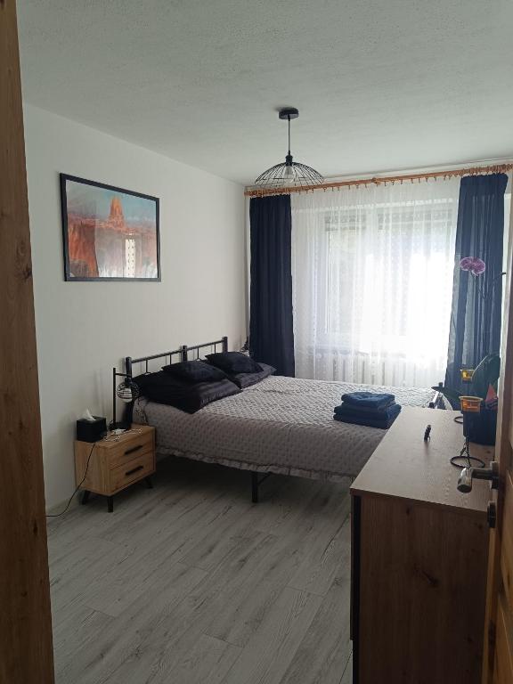 a small bedroom with a bed and a window at Apartament SIEDEMNAŚCIE in Sanok