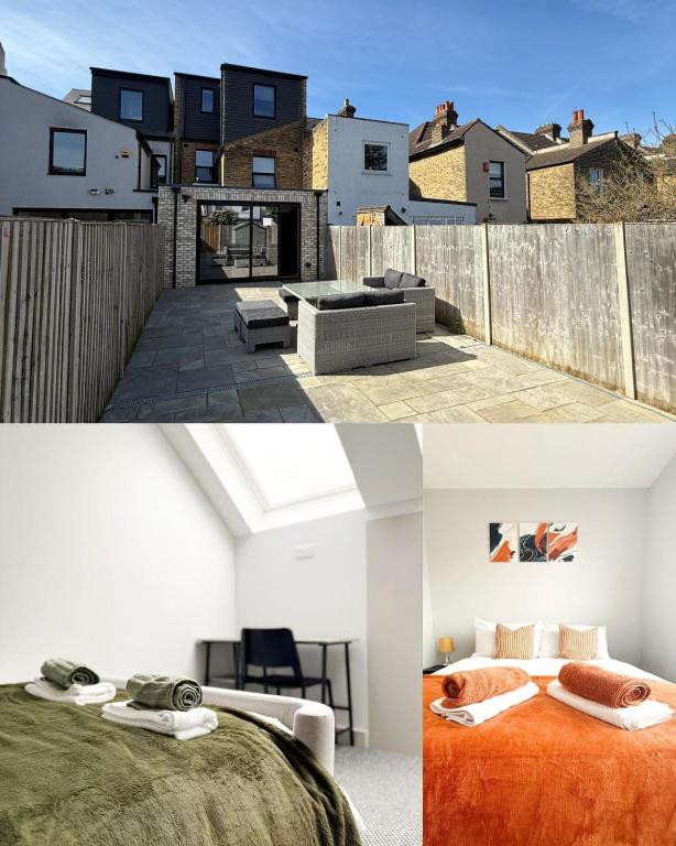 two pictures of a house with a bed and a patio at Buxton Road Suites in London