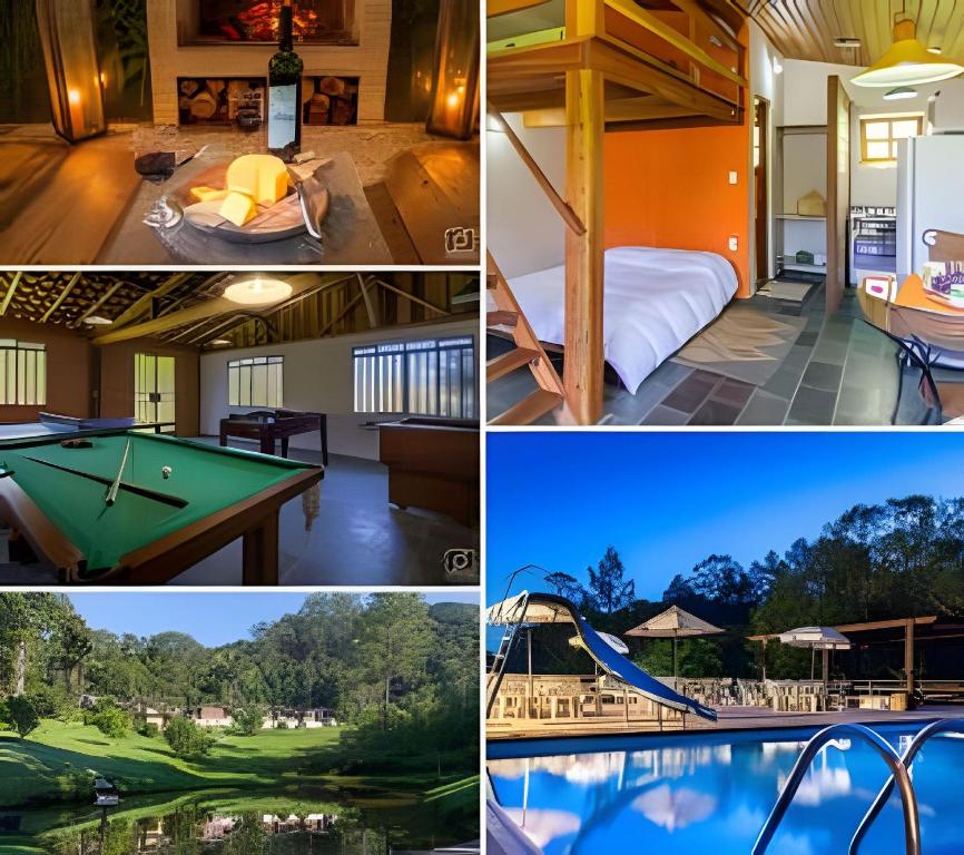 a collage of pictures of a resort with a pool table at Morada da Lua - Juquitiba in Juquitiba