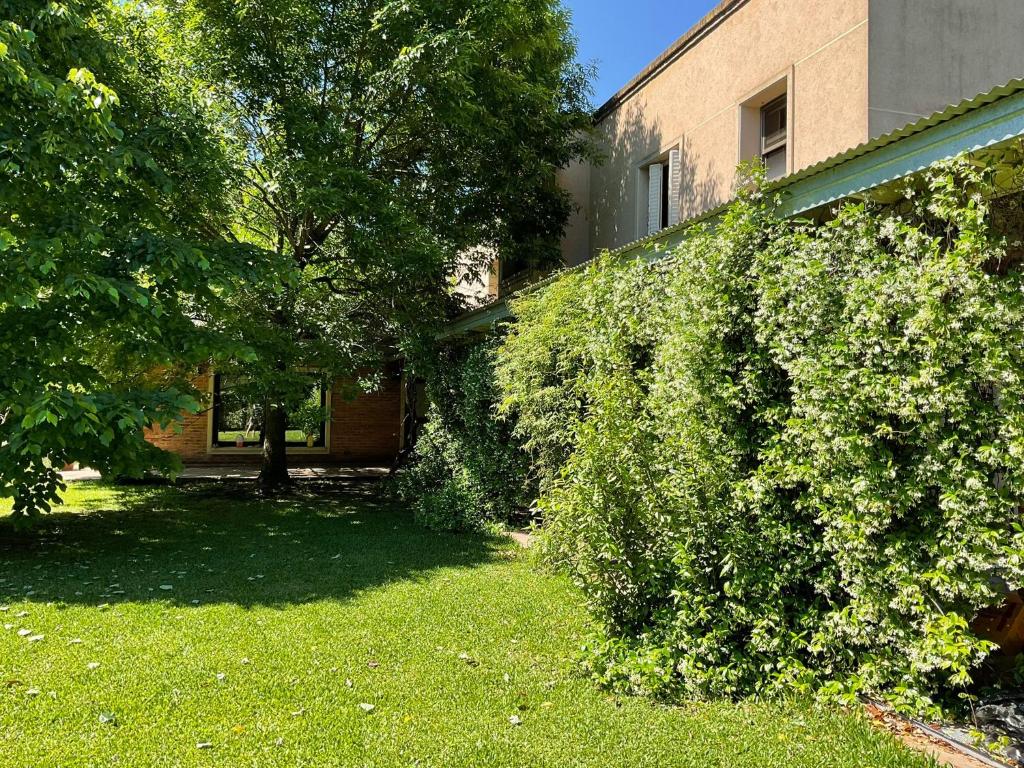 a building with green bushes in front of a yard at Suite Republica del Tango Gonnet in Joaquín Gorina