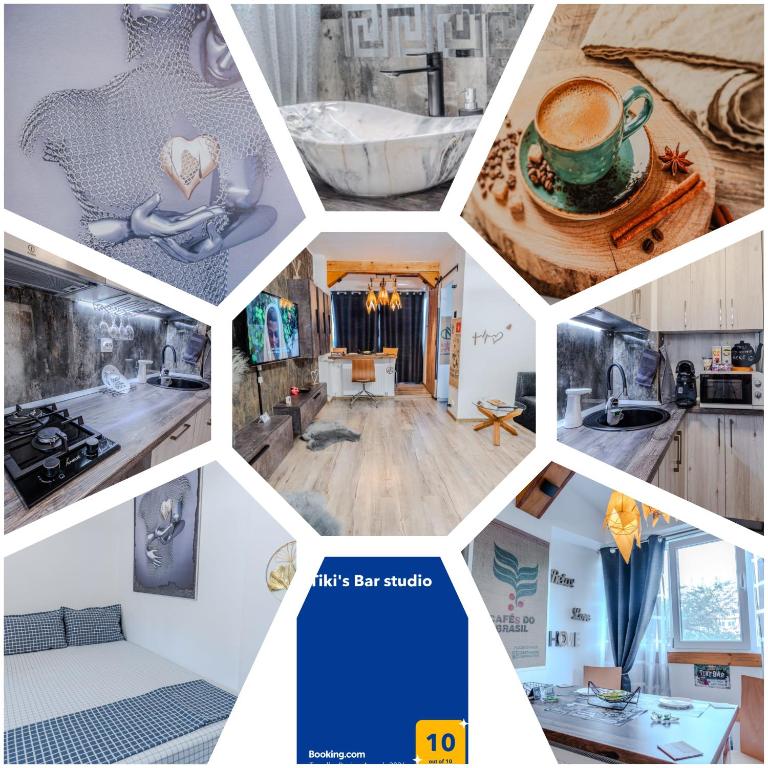 a collage of photos of a home remodel at Tiki's Bar studio in Bucharest