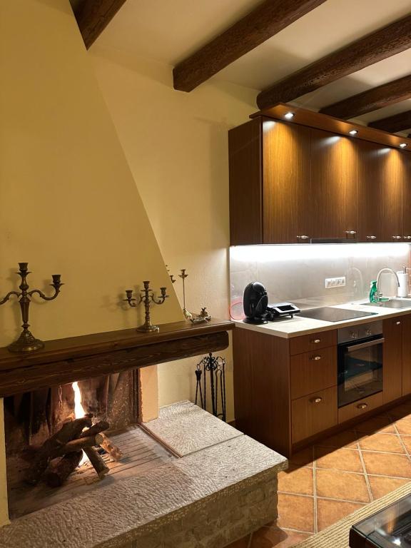 a kitchen with a fireplace in the middle of a kitchen at Nostalgia Guesthouse Arachova in Arachova