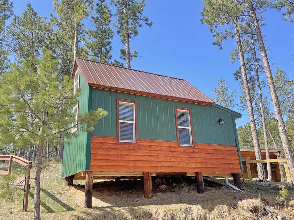 a green house with a red roof in the woods at Buckhorn Lookout in Custer