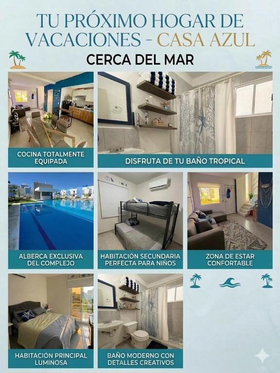 a collage of photos of a room with a pool at La casa Azul in Acapulco