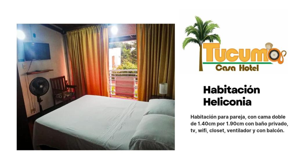 a poster for a hotel with a bed in a room at Tucuma Casa Hotel in Leticia