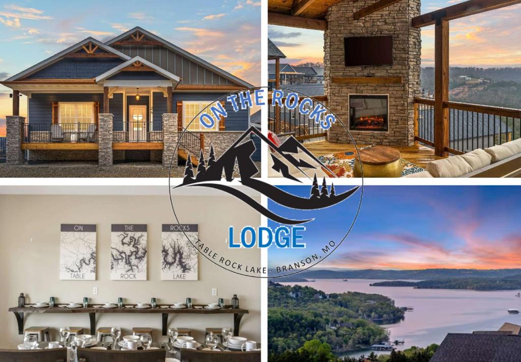 a collage of pictures of a house with a lake at On the Rocks Lodge in Branson