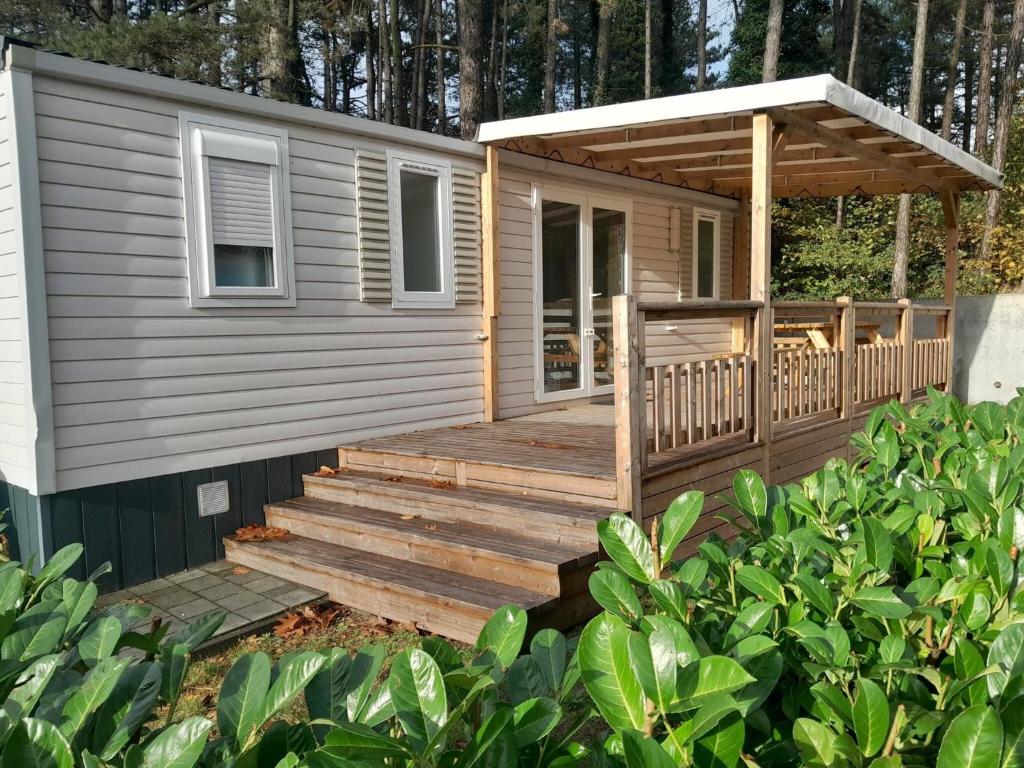 a tiny house with a deck and a pergola at Breebos Chalet near Antwerp Camp in Rijkevorsel