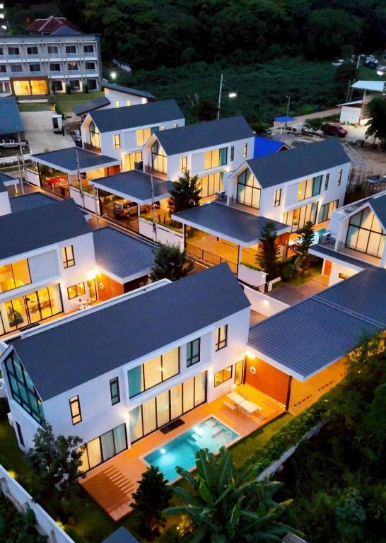 an aerial view of a building at night at Villa Nordic Private Pool Pakchong in Ban Thung Sawang