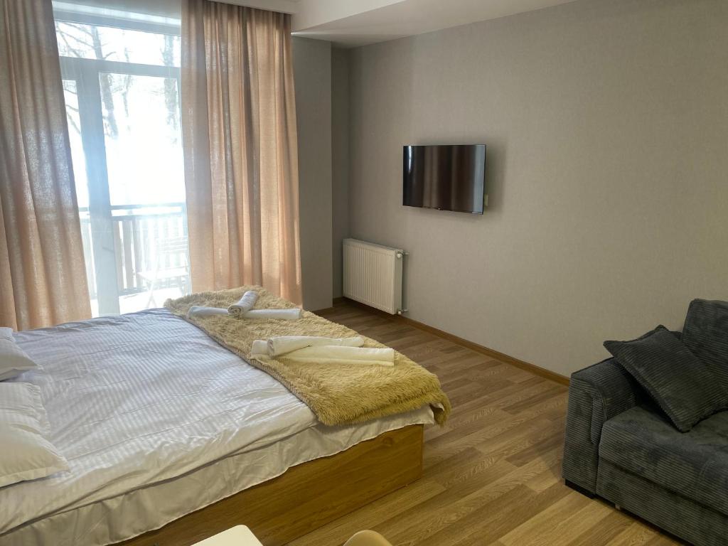 a bedroom with a bed and a tv on the wall at Cozy apartment Dvali in Bakuriani