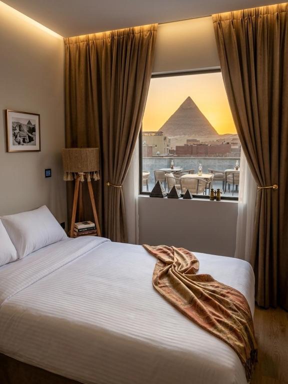 a bedroom with a bed with a view of the pyramids at Calm Pyramids View Villa in Cairo
