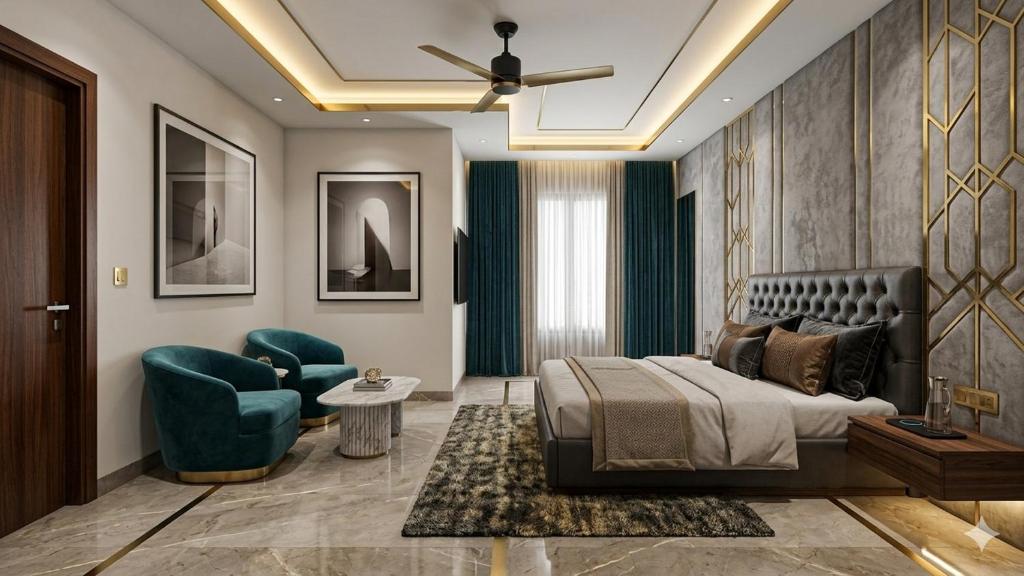a bedroom with a bed and a couch and a chair at Hotel Krone International in Gurgaon