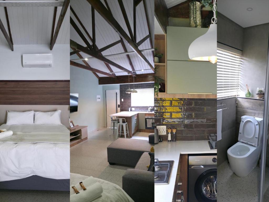 drei Bilder eines Hotelzimmers mit Bett und Badezimmer in der Unterkunft Leipoldt Self-Catering Accommodation in Secunda