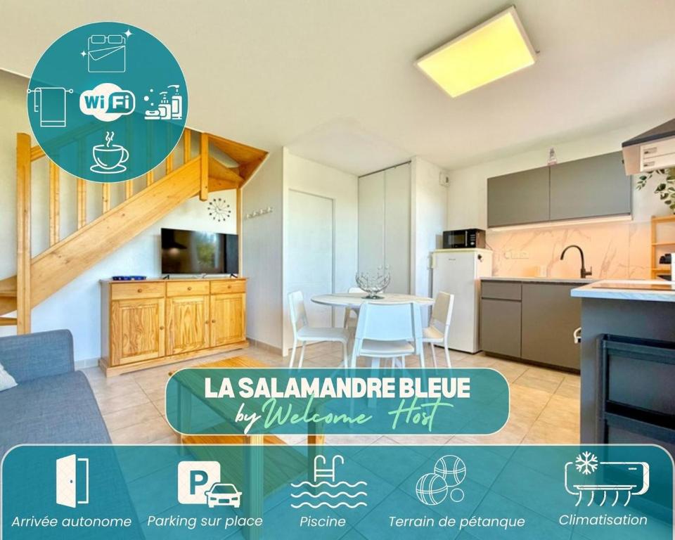 a kitchen and dining room with a table in a room at La salamandre bleue : 4 pers piscine à Calvisson in Calvisson