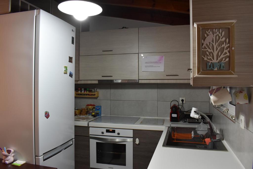 a kitchen with a white refrigerator and a sink at Panorama Γλυκά Νερά - Athens in Glyka Nera