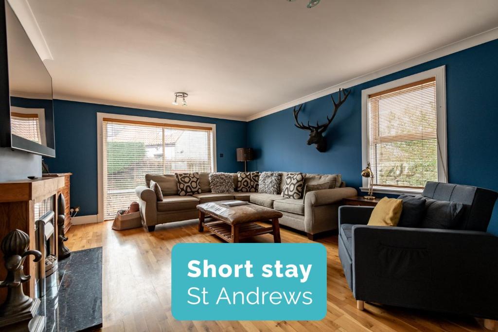 a living room with blue walls and a couch at Rosemount - Kilrenny in Kilrenny