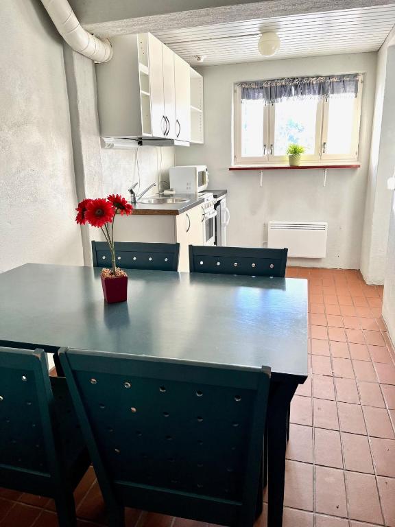 a kitchen with a black table and chairs and a kitchen with a counter at Vuohensaari, Rantatalo 5 in Salo