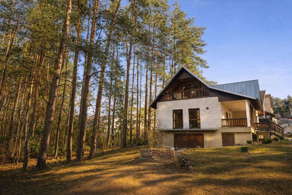 a house on a hill with trees in the background at Pamiškės Villa in Kulautuva