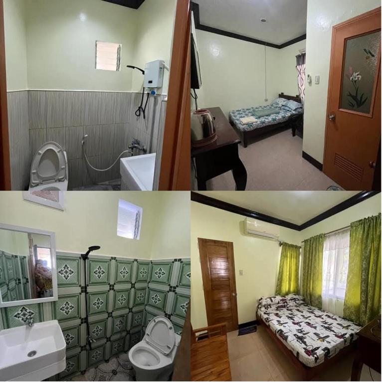 two pictures of a room with a bathroom and a bedroom at Balai Mariacaria Pension House in Guindulman
