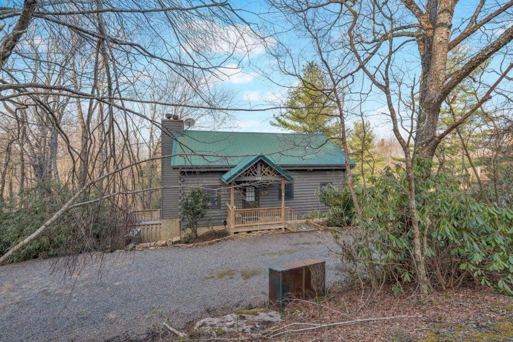 a small cabin with a green roof in the woods at Scooby Shack in Blowing Rock