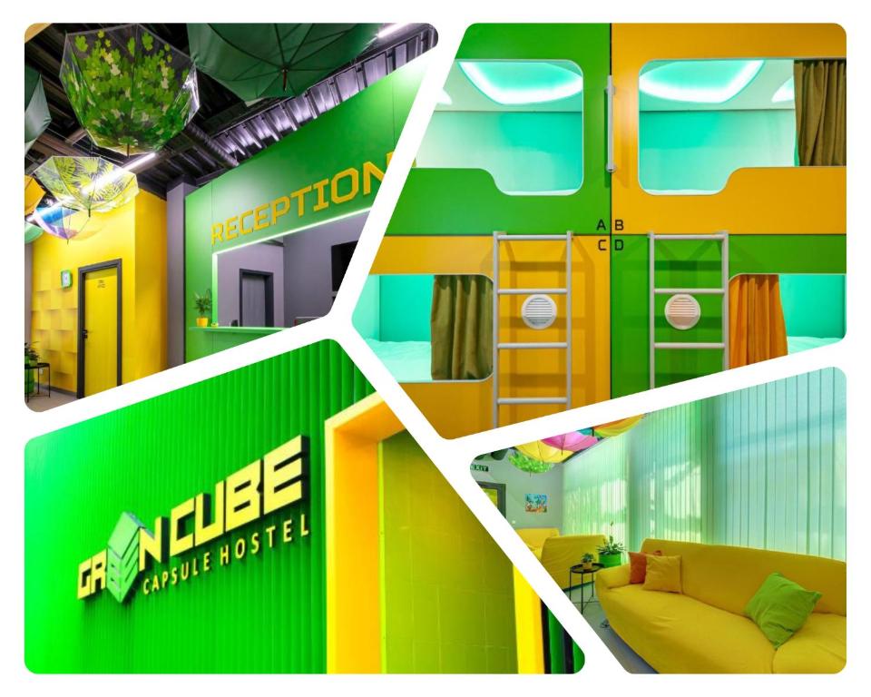 a collage of four pictures of a house at Green Cube Capsule Hostel in Sofia