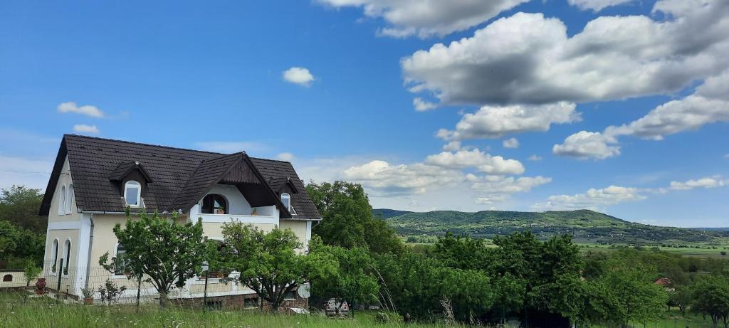 a white house with a black roof and some trees at Káli Panoráma Ház in Mindszentkálla