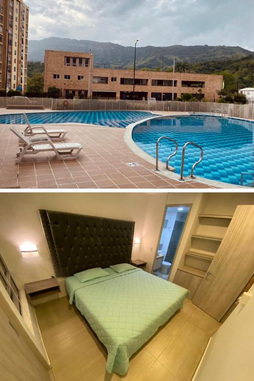 two pictures of a bed next to a swimming pool at Cerca al centro, piscinas & jacuzzis y muy dotado in Villeta