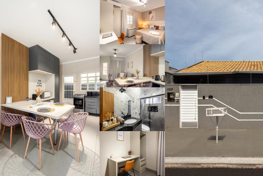 four images of a kitchen with a table and chairs at Casa completa 2 Quartos, garagem privativa e Self check-in -Ideal para famílias, casais e profissionais em trabalho remoto in Campo Grande