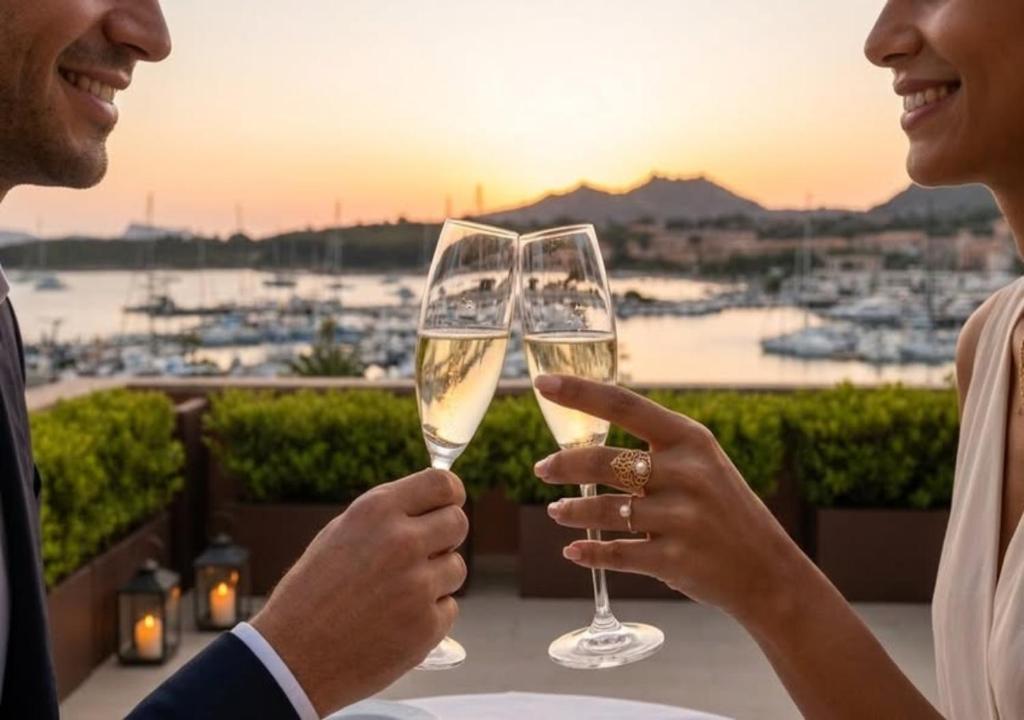 a man and a woman holding glasses of champagne at La Vecchia Fonte Boutique Hotel in Palau