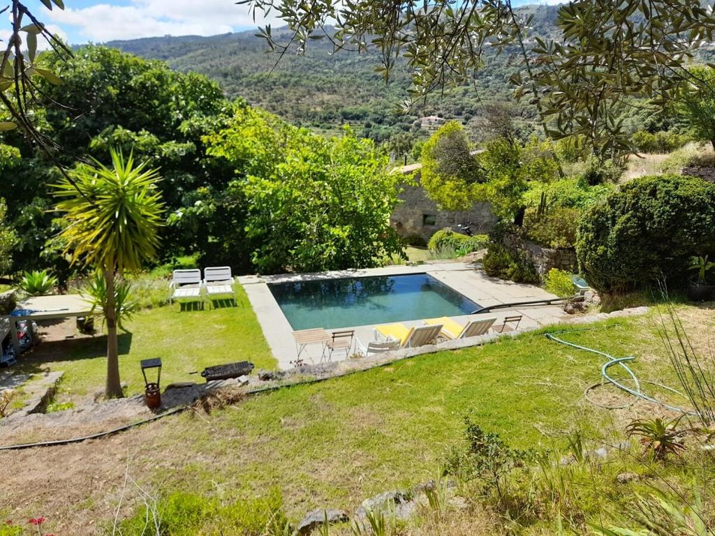 a swimming pool in a yard with chairs and trees at Casa Branca AL in Monchique