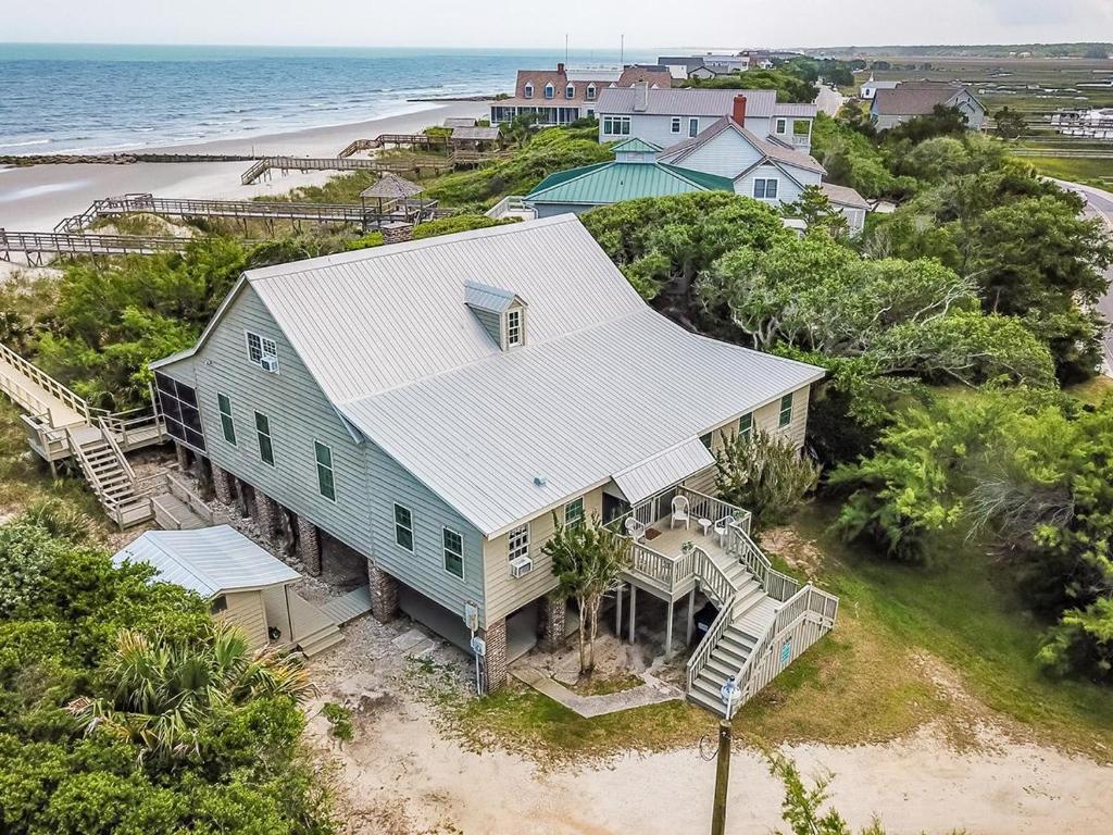 an aerial view of a house on the beach at Historic Bliss on Pawleys Island's Shoreline in Pawleys Island