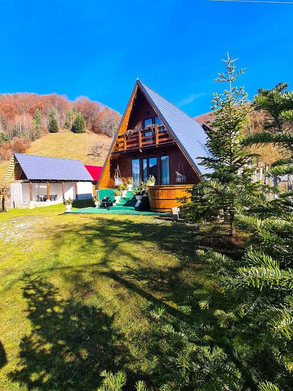 a large house with a tree in front of it at A frame Ina și Cristi in Tîrsa