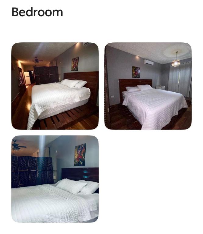 two pictures of a hotel room with two beds at Bomi Bar in King Faro