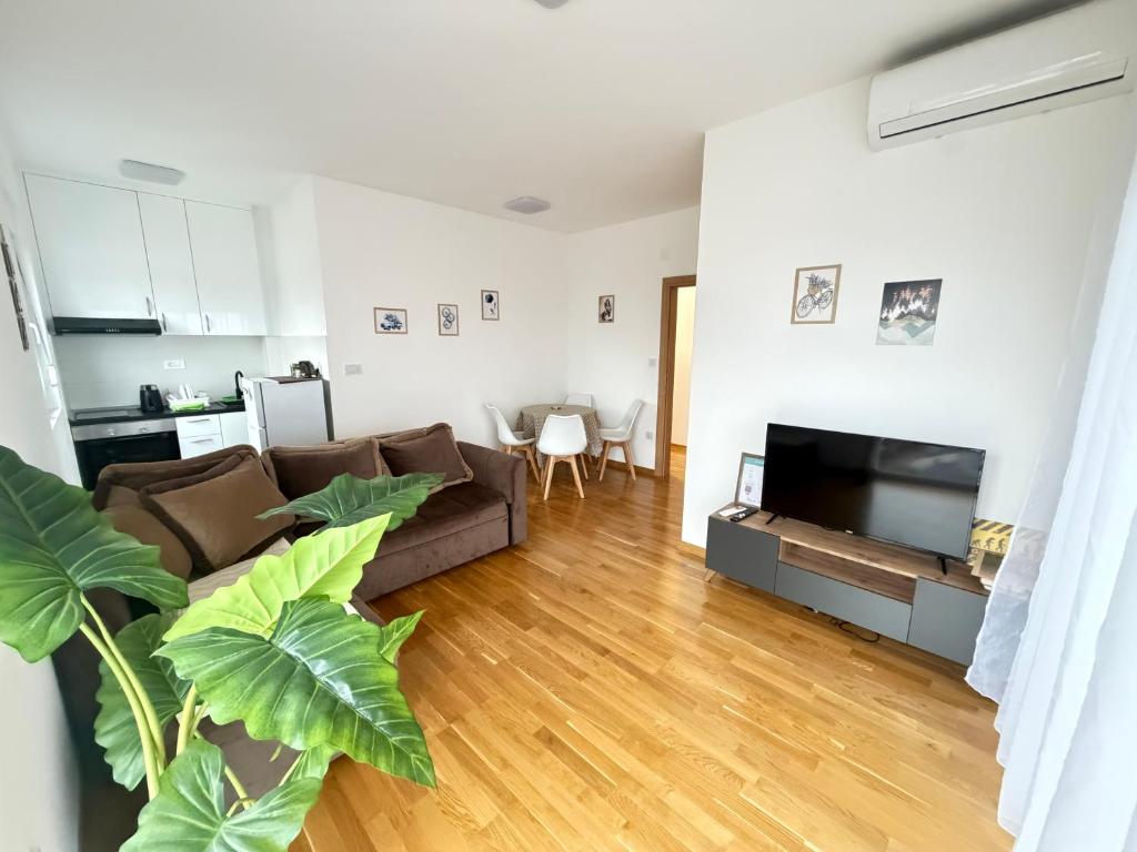 a living room with a couch and a flat screen tv at Zenith Apartment - Herceg Novi & Beach & Private Parking in Bijela