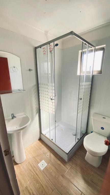 a bathroom with a shower and a toilet and a sink at Hostal Santa Sabina in Concepción