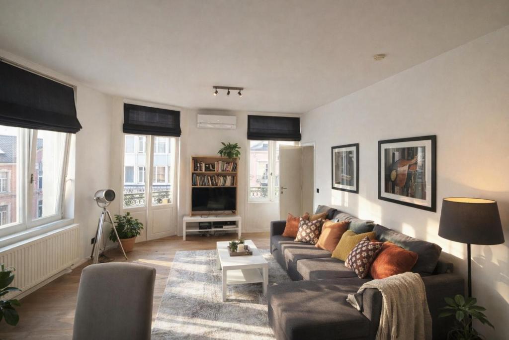 a living room with a couch and a tv at The White Boutique Loft in Antwerp