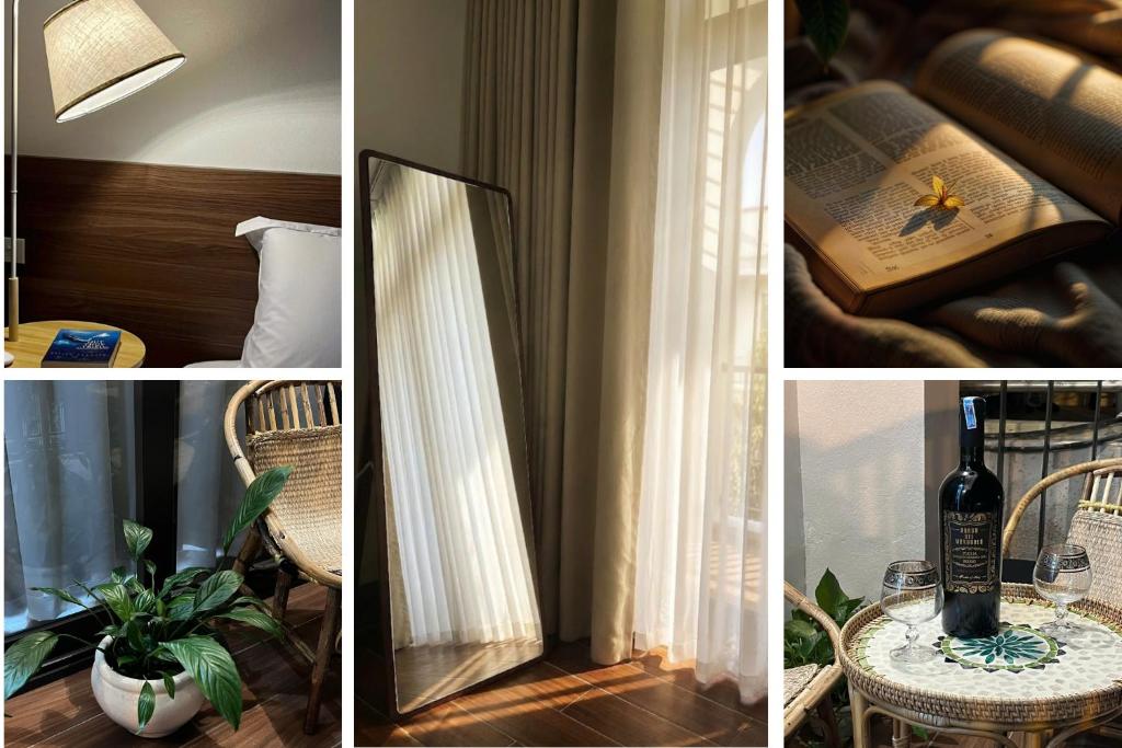 a collage of pictures of a room with a table and a bottle of wine at Mom's home in Ninh Binh